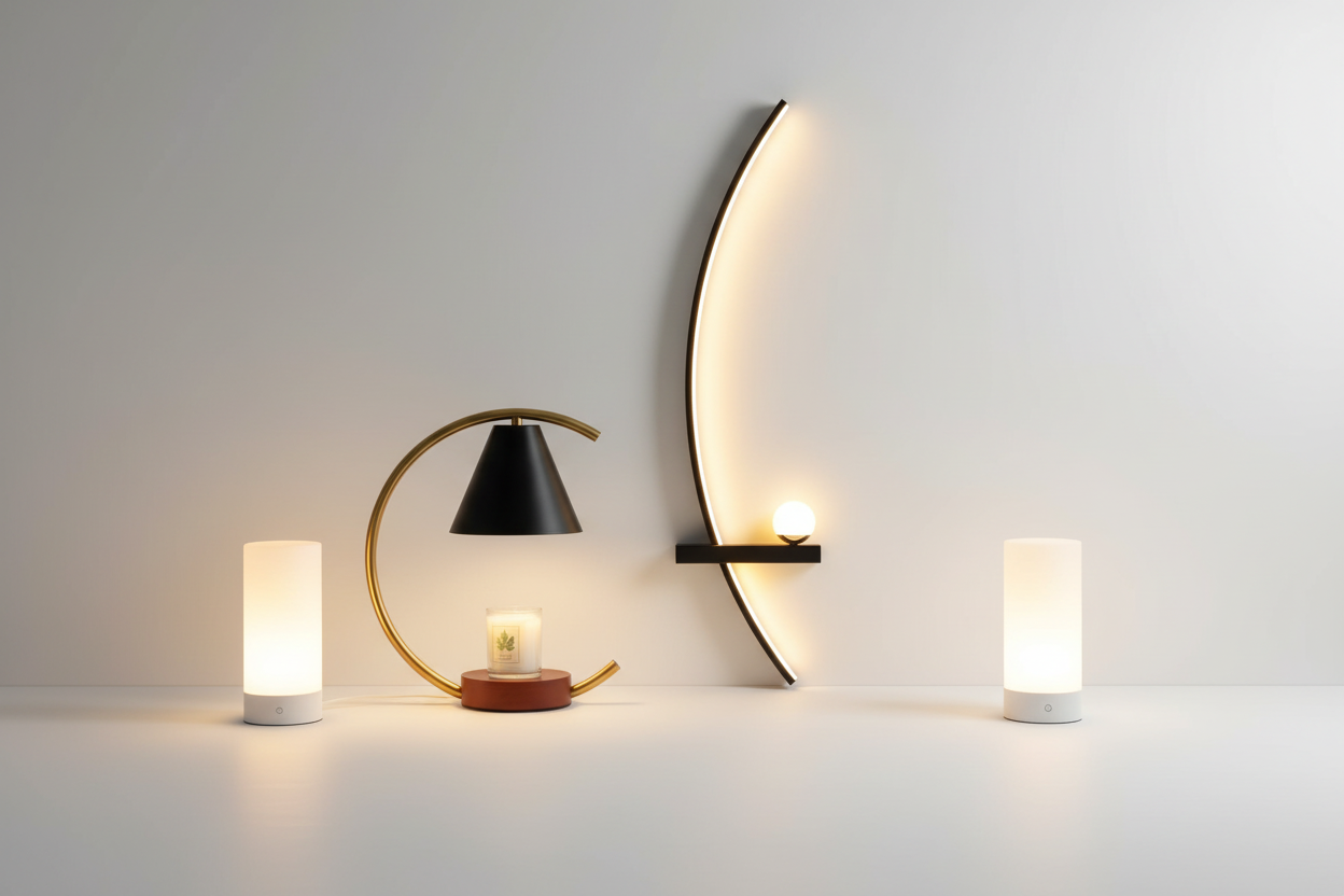 Imagine minimalistă cu lămpi LED și candle warmer